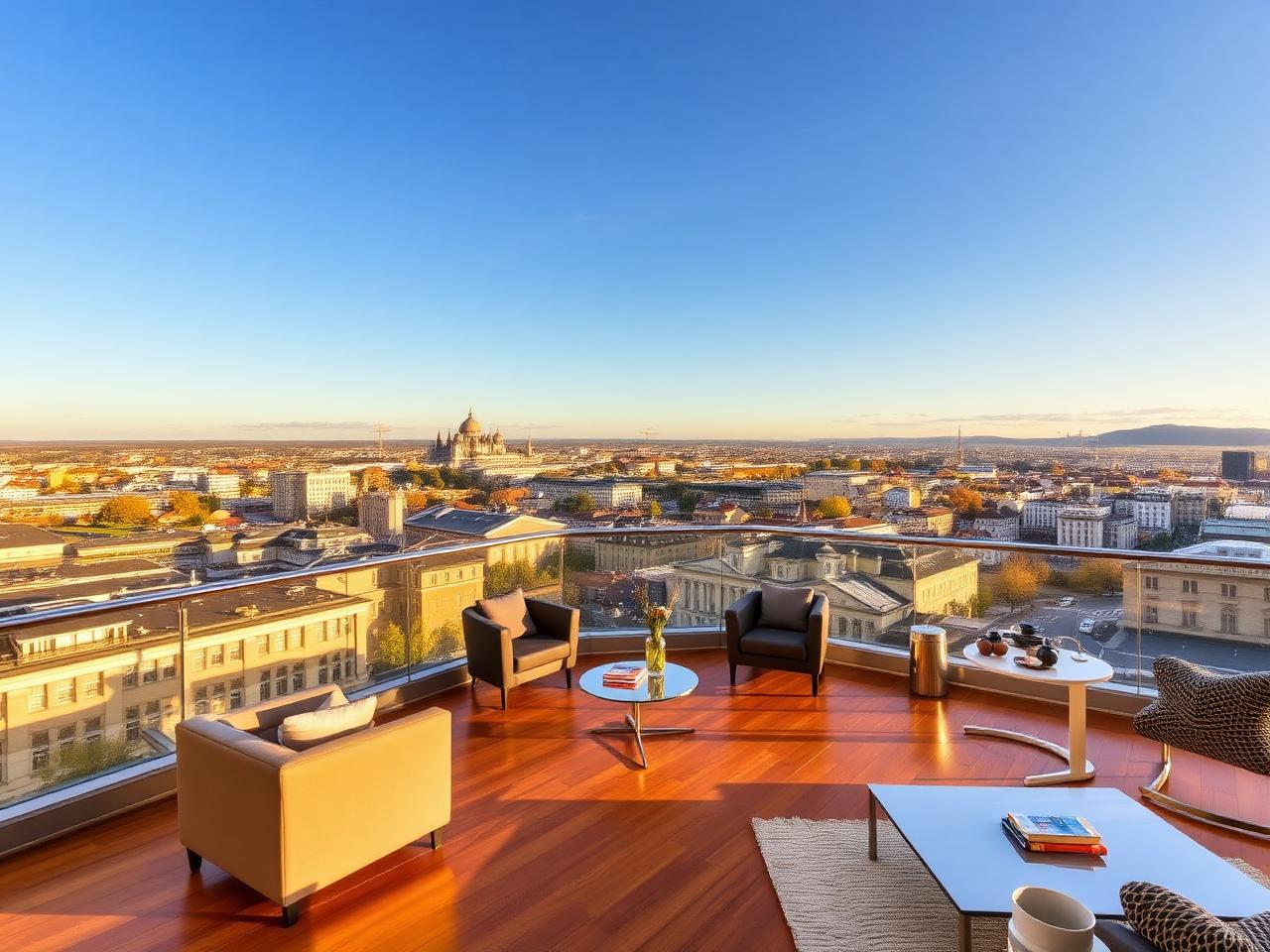 Wohnzimmer eines Penthouse im 1. Wiener Bezirk nach wöchentlicher Premium-Reinigung — Parkettboden glänzend, Skyline durch saubere Fenster sichtbar.