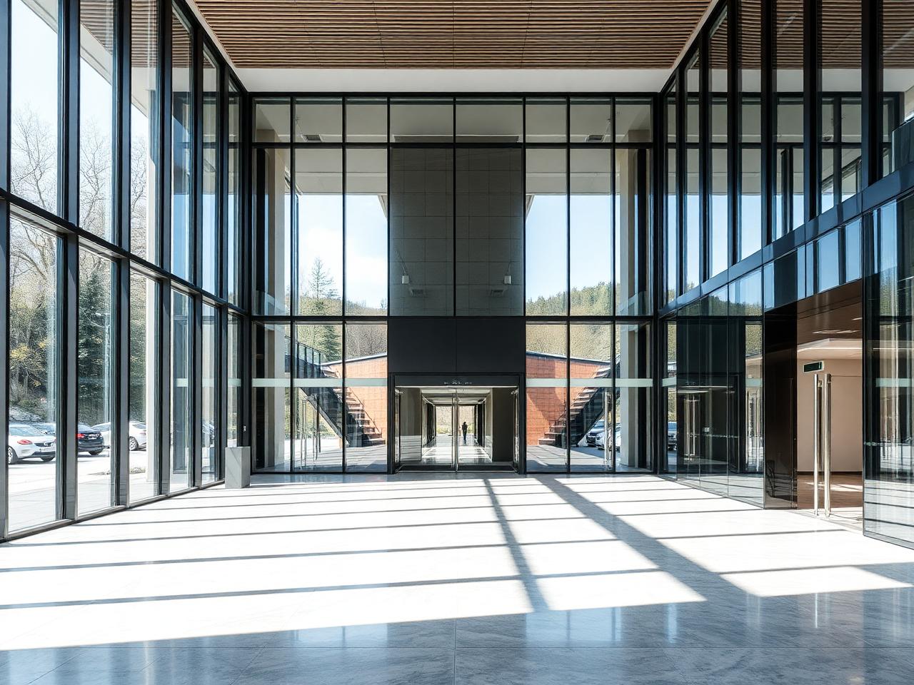 Glasfront eines Wiener Headquarters mit polierten Böden und makelloser Glasfassade nach professioneller Büroreinigung durch S&A LammGlanz.